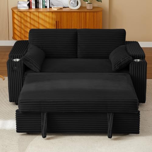 68.11" Corduroy Sleeper Chair Bed with USB Port, Cup Holders & Side Storage Pockets – 3-in-1 Foldable Sofa Bed for Guest Room, Living Room – White