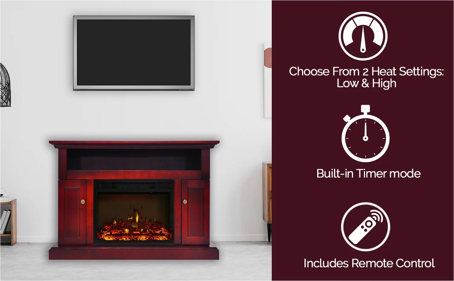 Cambridge Sorrento 47'' Electric Fireplace with Log Insert | Multi-Color Flame | For Rooms up to 210 Sq.Ft. | TV Stand | Remote | Cherry Mantel |