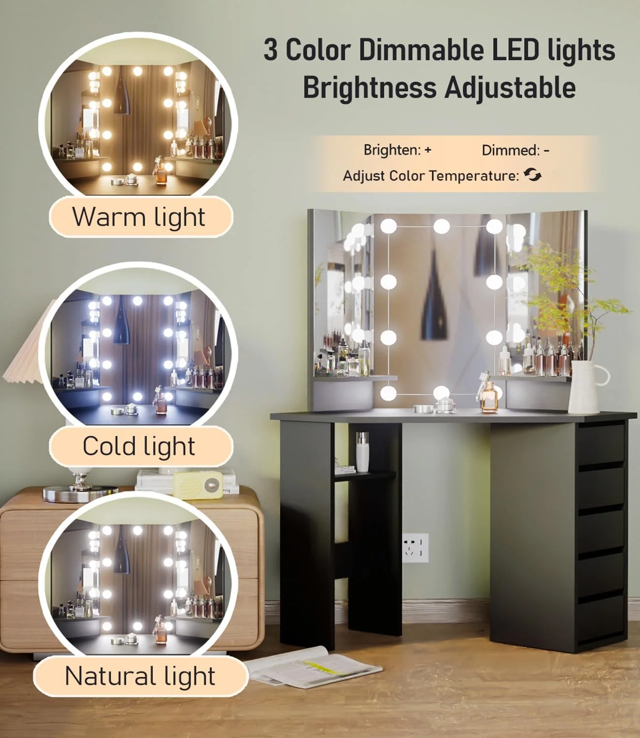 Corner Makeup Vanity Desk with Mirror and Lights, Bedroom Vanity Table with Lighted Mirror 5 Drawers and Storage Shelf for Women Girls Black