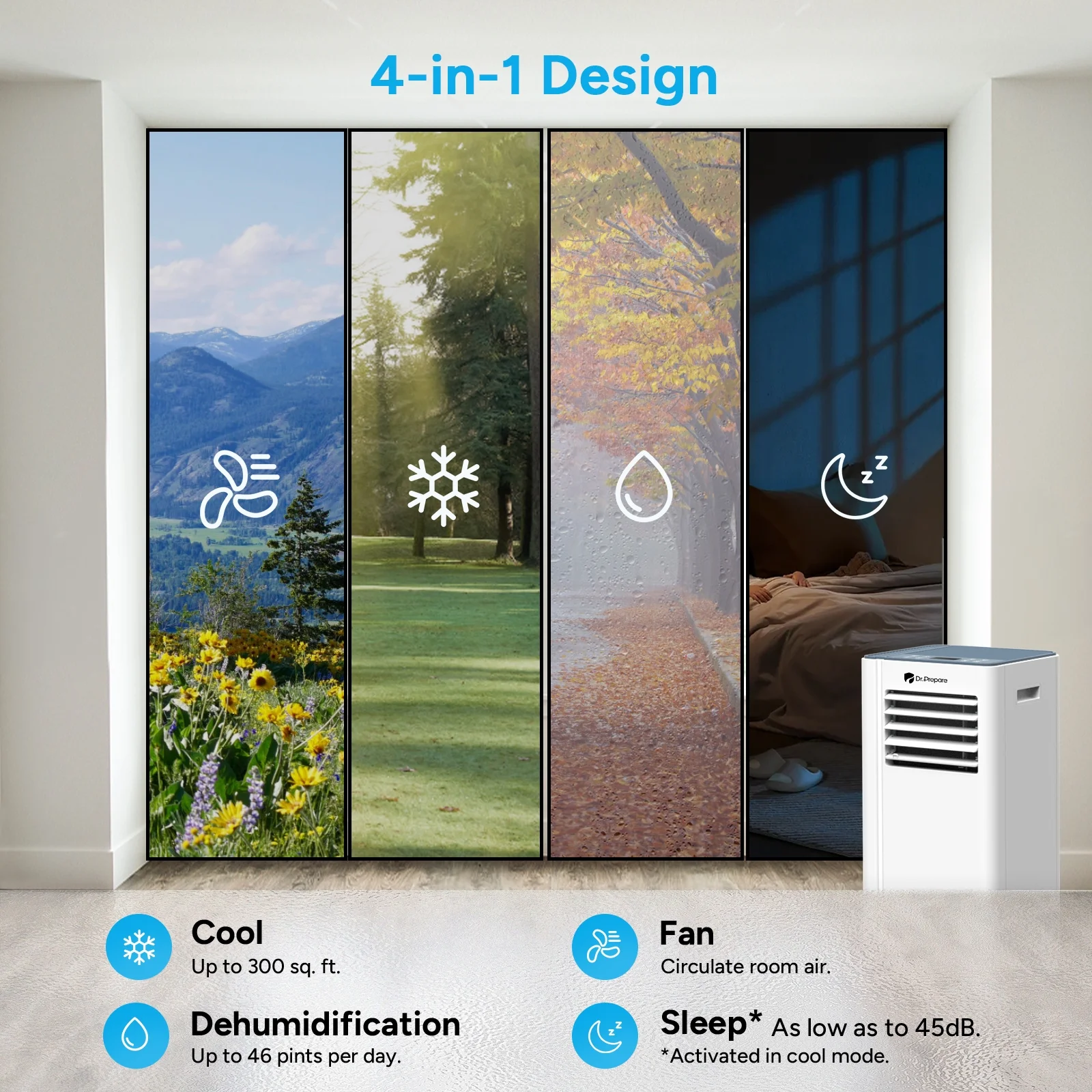 Renogy 4 in 1 Portable Air Conditioner for Room 8000 BTU 300SqFt Air Conditioning Unit, Smart Air Conditioner with Fan, Dehumidifier, Night, Timer