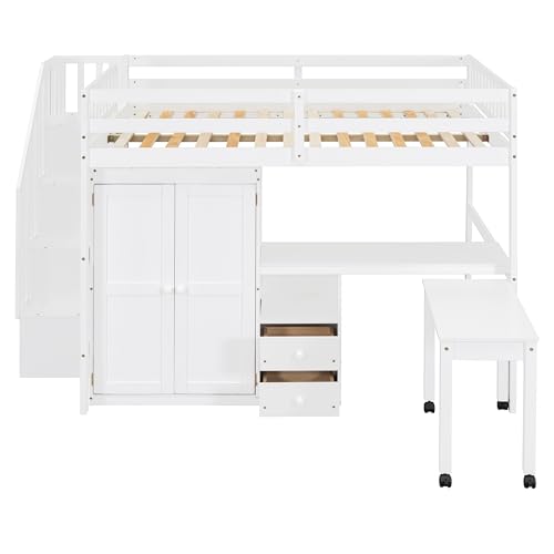 Harper & Bright Designs Twin Size Loft Bed with Stairs and Bookshelf, Wood Twin Storage Bed with Desk & Wardrobe
