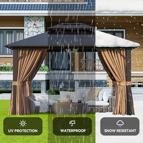 Aoxun 12'x10' Hardtop Gazebo, Aluminum Frame Permanent Pavilion with Curtains and Netting, Outdoor Polycarbonate Double Roof Canopy