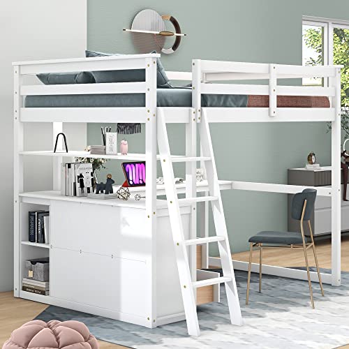 Harper & Bright Designs Twin Size Loft Bed with Wardrobe, Desk and Multiple Storage Shelves, Solid Wood Loft Bed Frame with Bookshelf