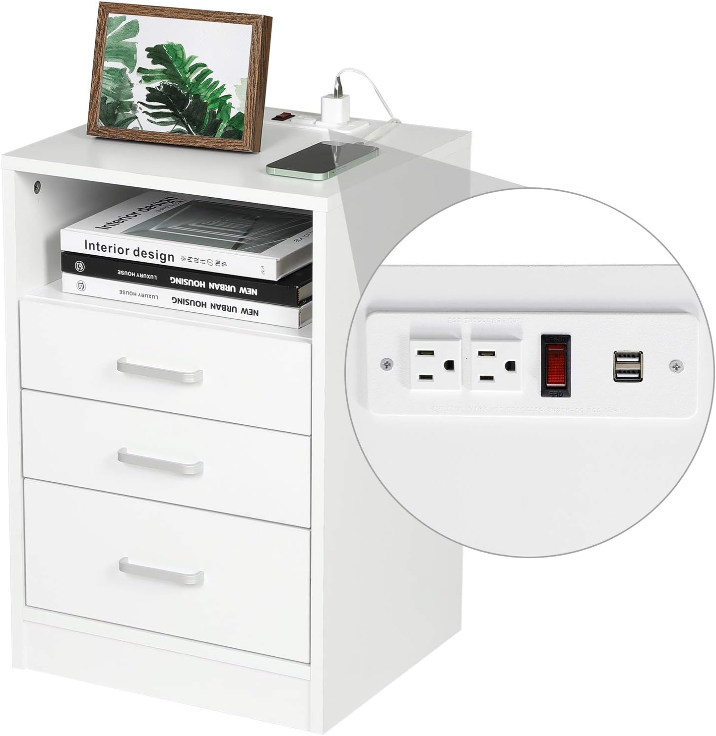 ADORNEVE White Nightstand 3 Drawers with Open Storage Bedroom Furniture End Table Side Table Wooden Sofa Side Stand Cabinet,with Sliding Drawer