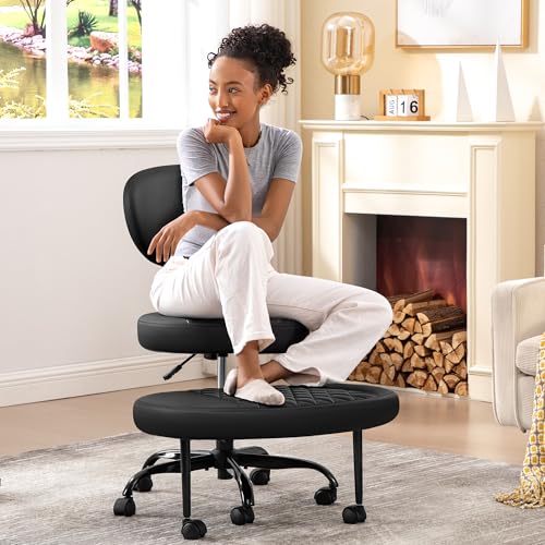 Ergonomic Cross Legged Office Chair with Wheels - Adjustable Height for Meditation, ADHD Desk & Yoga - Wide Criss Cross Design with Lumbar Support