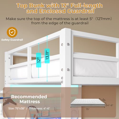 DICTAC Twin Over Twin Size Bunk Bed with Desk and Charging Station Metal Loft Bed with Led Lights & Storage Shelves and Drawers L-Shaped Bunk Bed for