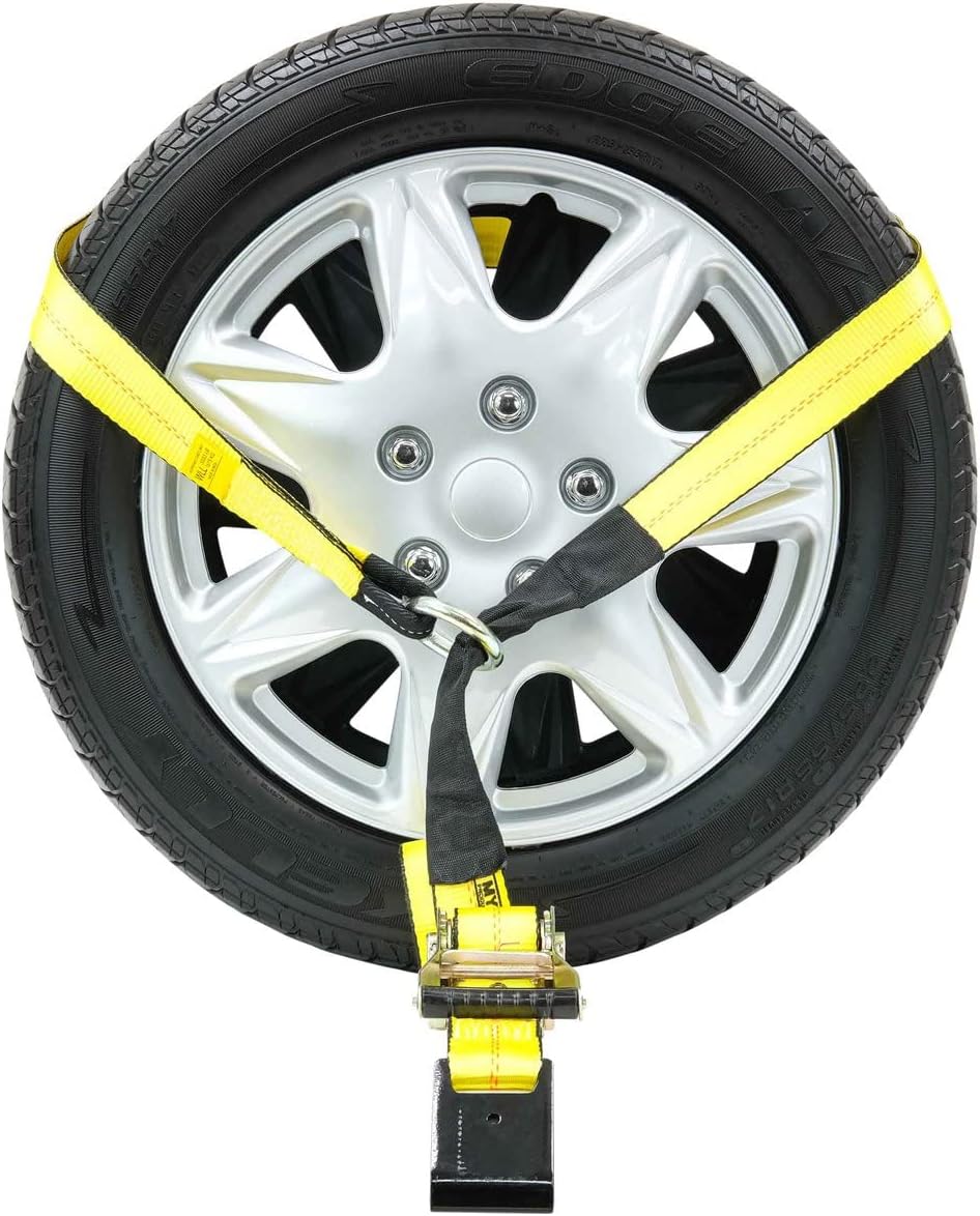 Mytee Products (4 Pack 2 x 14' Car Tie Down Lasso Ratchet Strap with Flat Hook - Tire Straps for Car Trailer - Wheel Straps for Hauling Cars