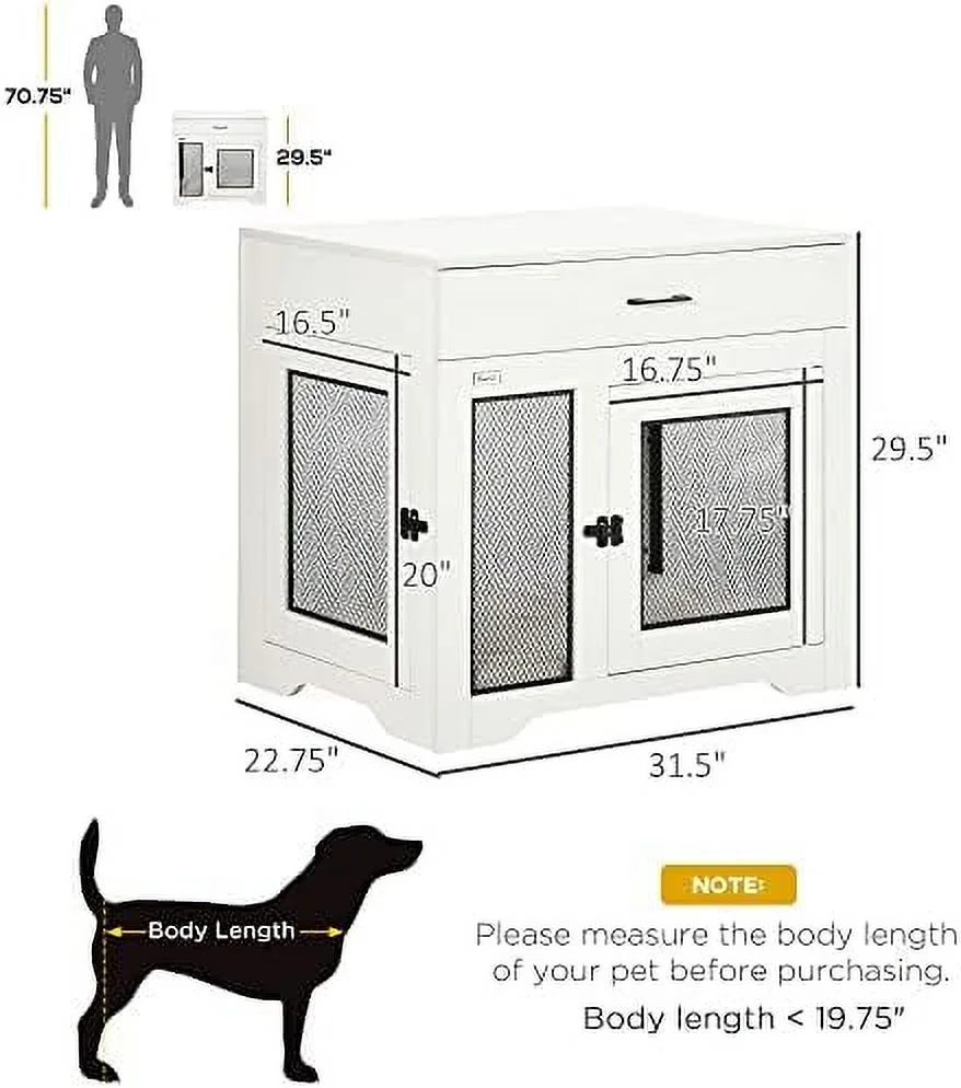 dog crate furniture with soft water-resistant cushion, dog crate end table with drawer, puppy crate for small dogs indoor with 2 doors, white