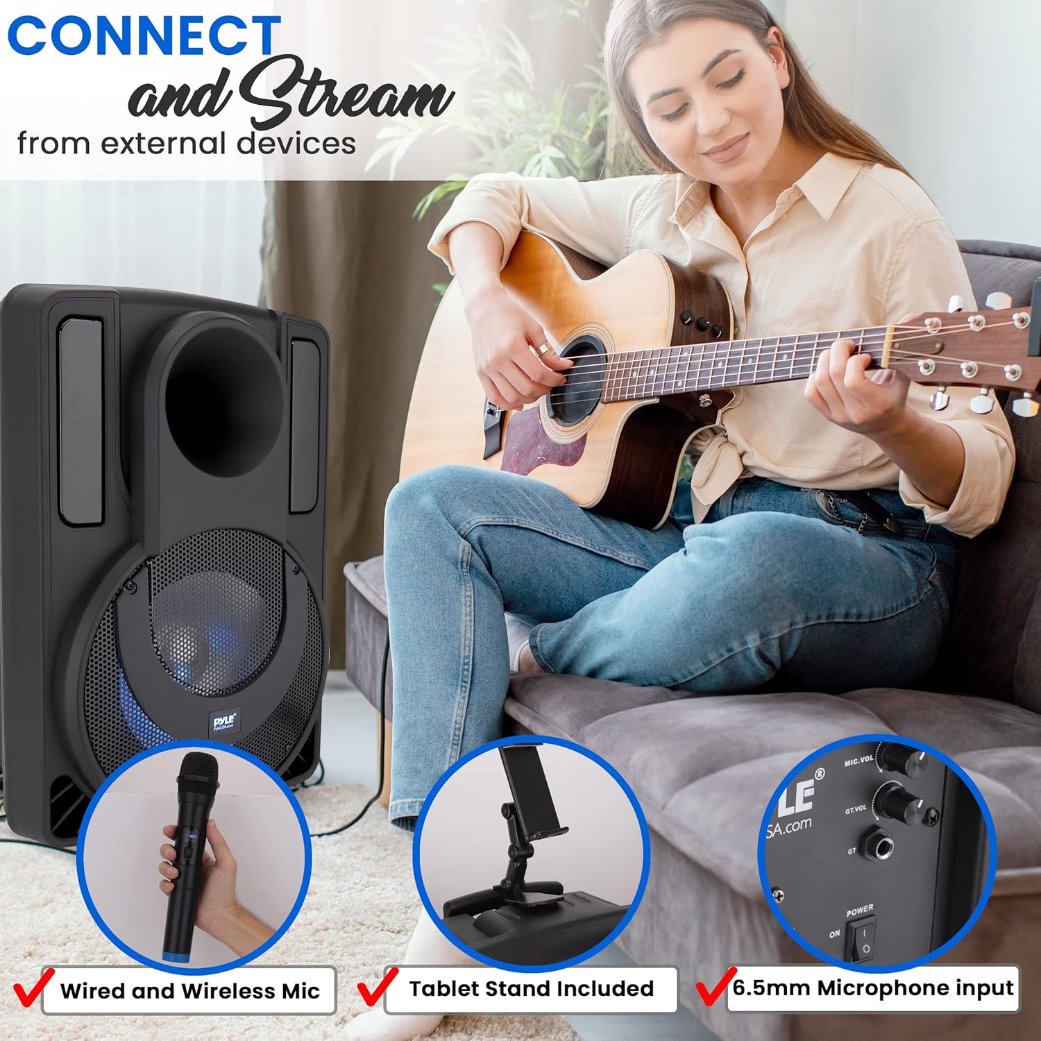 12’’ Portable PA Speaker System - Wireless BT Streaming PA & Karaoke Party Audio Speaker, Two Wireless Mic, Wired Microphone, Tablet Stand