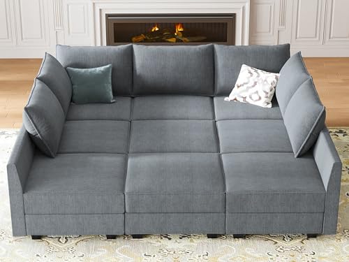 HONBAY Modular Sofa Sectional Sleeper Couch with Ottomans Reversible Sleeper Sectional Sofa Modular Couch with Storage, Aqua Blue