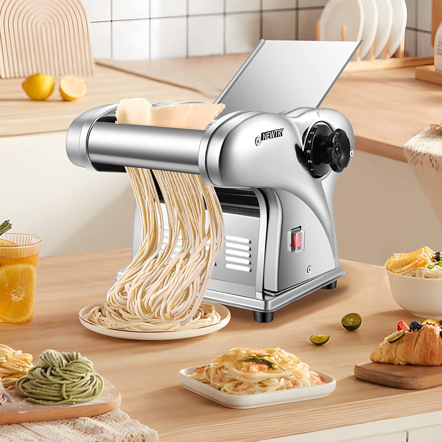 OUWI Electric Pasta Maker Noodle Maker Pasta Making Machine Dough Roller Cutter Thickness Adjustable Stainless Steel US 110V for Family Use 3 Blades