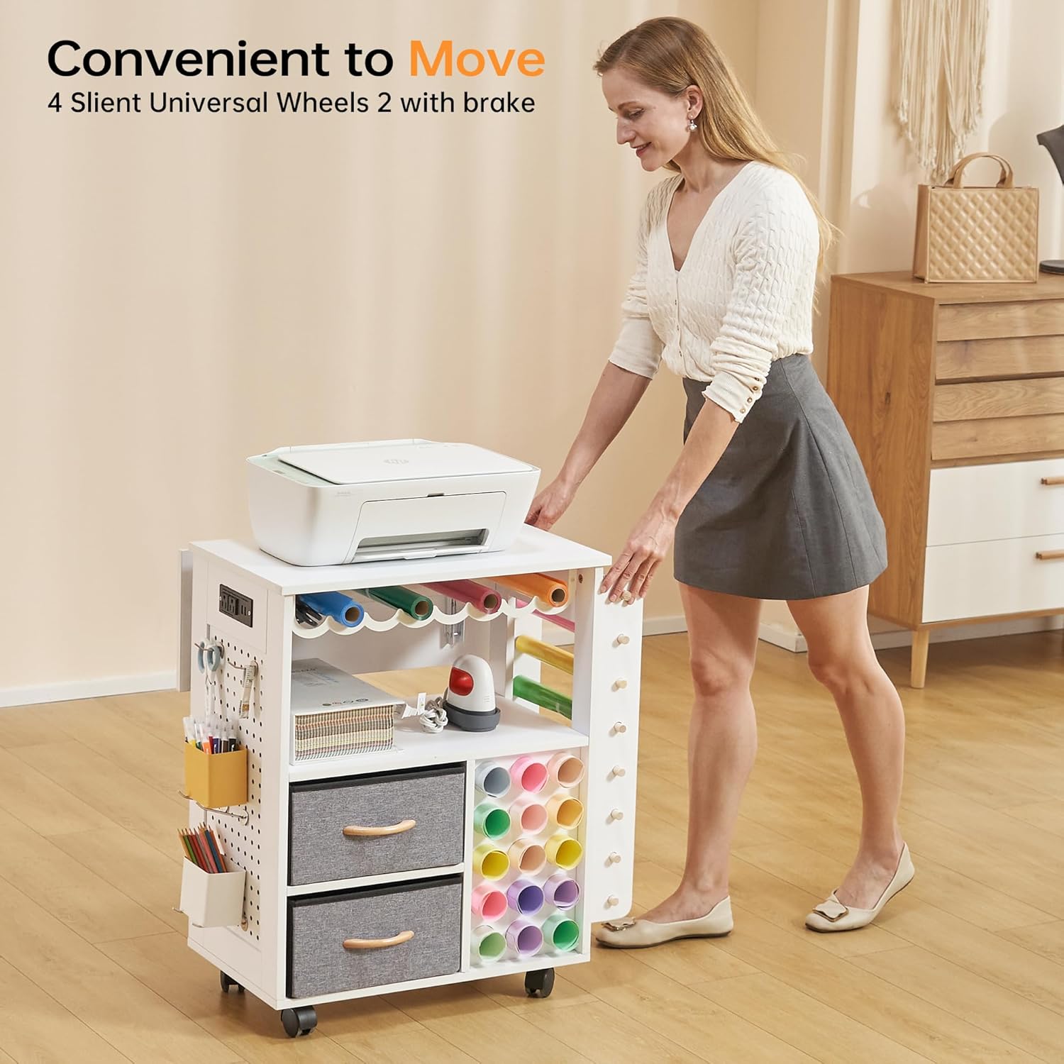 CRAFTEASE Rolling Craft Cart and Storage Table Compatible with Craft Machines Foldable Craft Cabinets w/USB Ports & Outlets Vinyl Roll Holder Craft