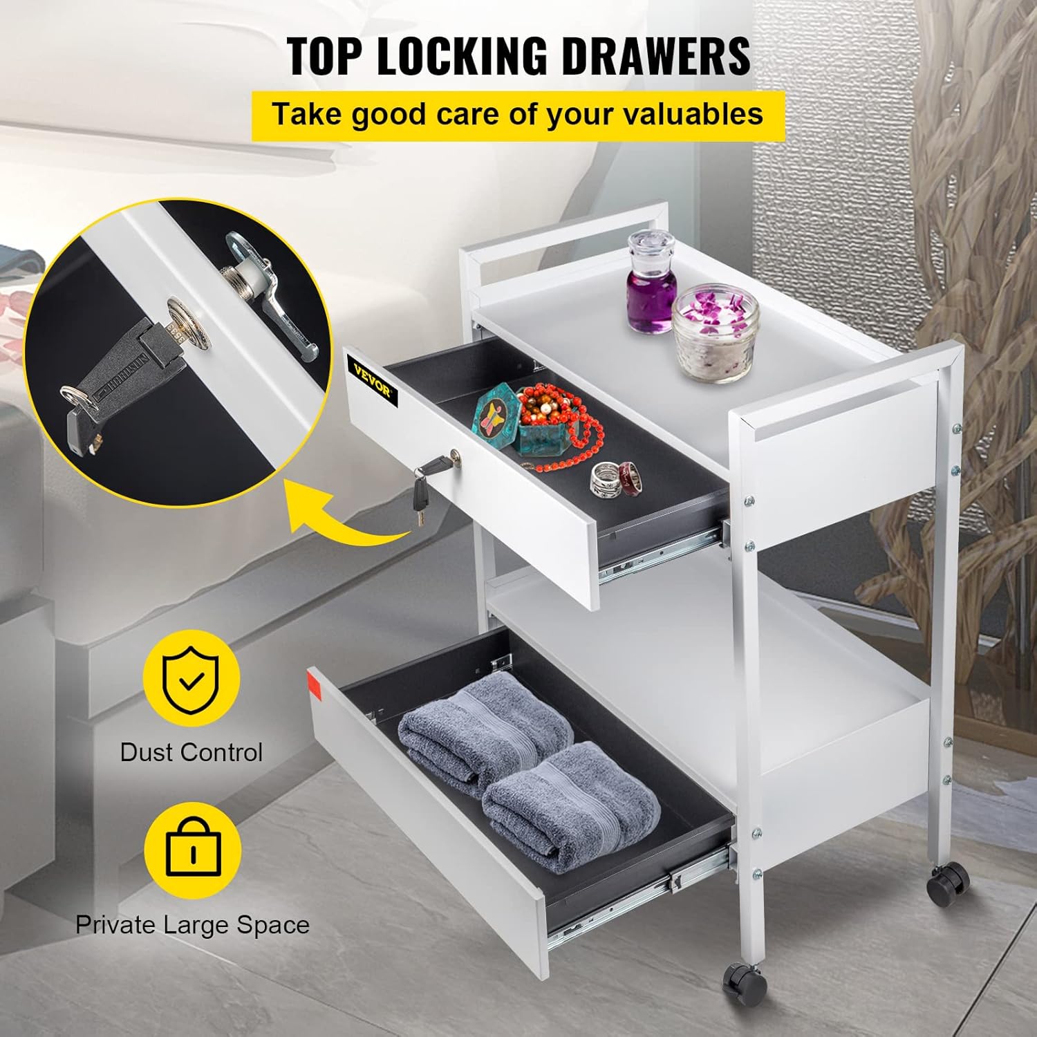 VEVOR Lab Cart, 2 Tiers Lab Trolley, Steel Lab Utility Cart, 360° Rolling Lab Cart, Locking Drawer Stainless Steel Lab Cart