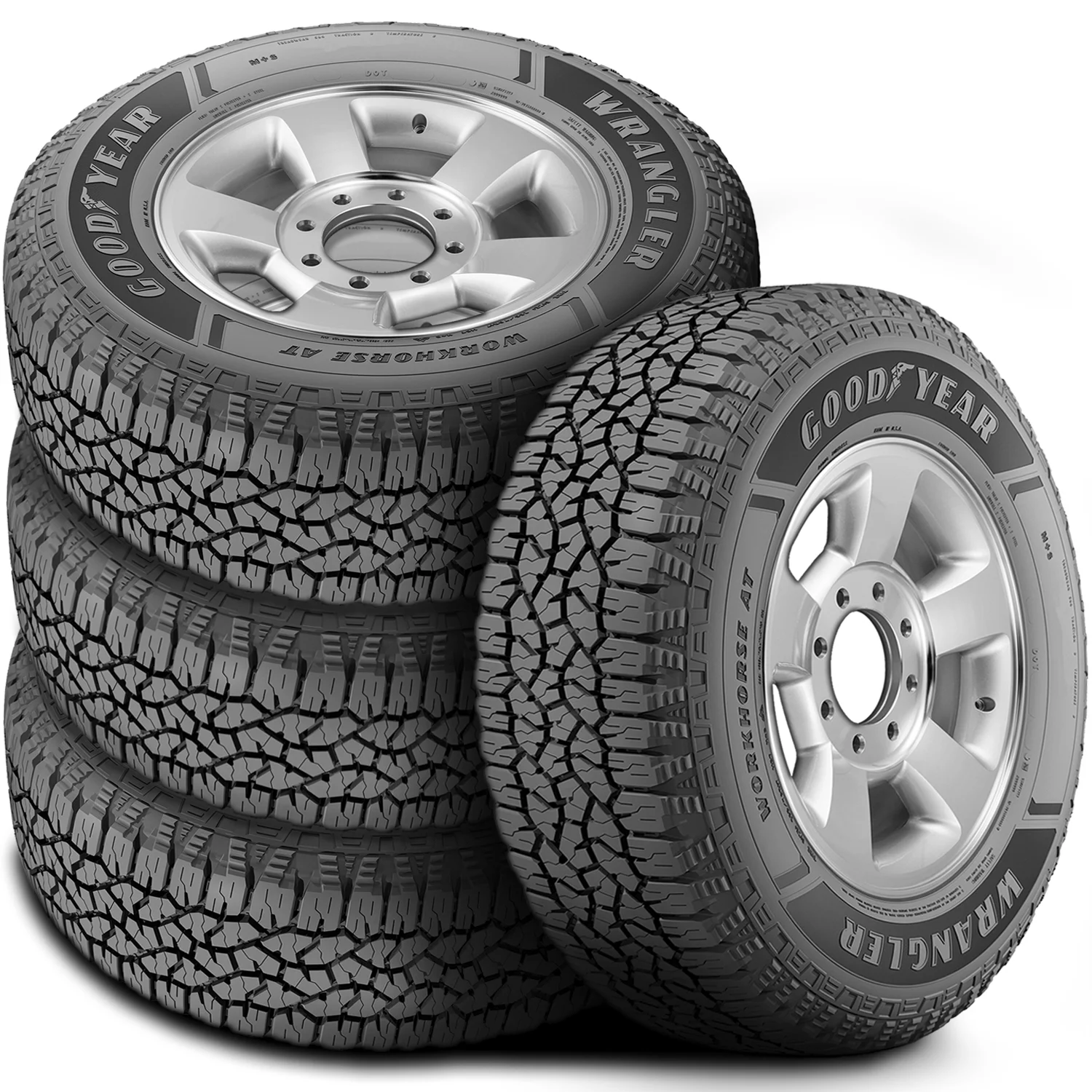 Set of 4 (FOUR) Goodyear Wrangler Workhorse AT LT 265/70R17 Load E 10 Ply All Terrain Tires Fits: 2014-18 Chevrolet Silverado 1500 WT. 2010-21 GMC