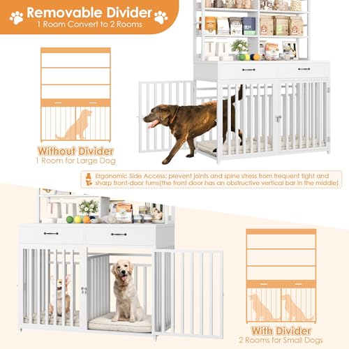 Keyluv 71''H x 47.2''W Large Dog Crate Furniture with 4-Tier Shelves and 2 Storage Drawers, Heavy Duty Dog Cage Furniture with 2 Doors