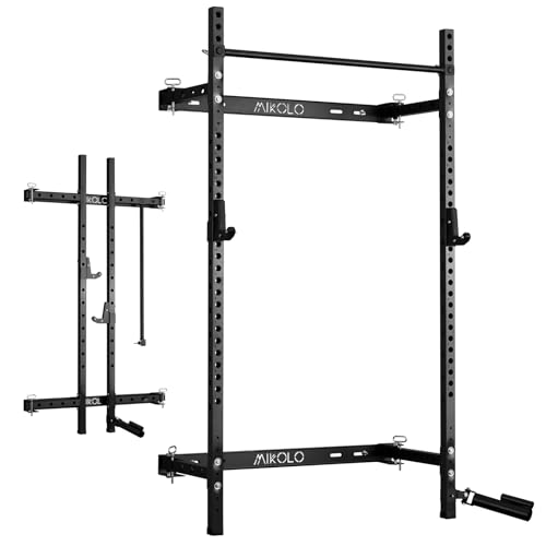 Mikolo 2" x 2" Folding Wall Mounted Squat Rack, 1000 Pounds Capacity Power Rack with Pull Up Bar, J Hooks and Other Attachments, Space-Saving Home Gym
