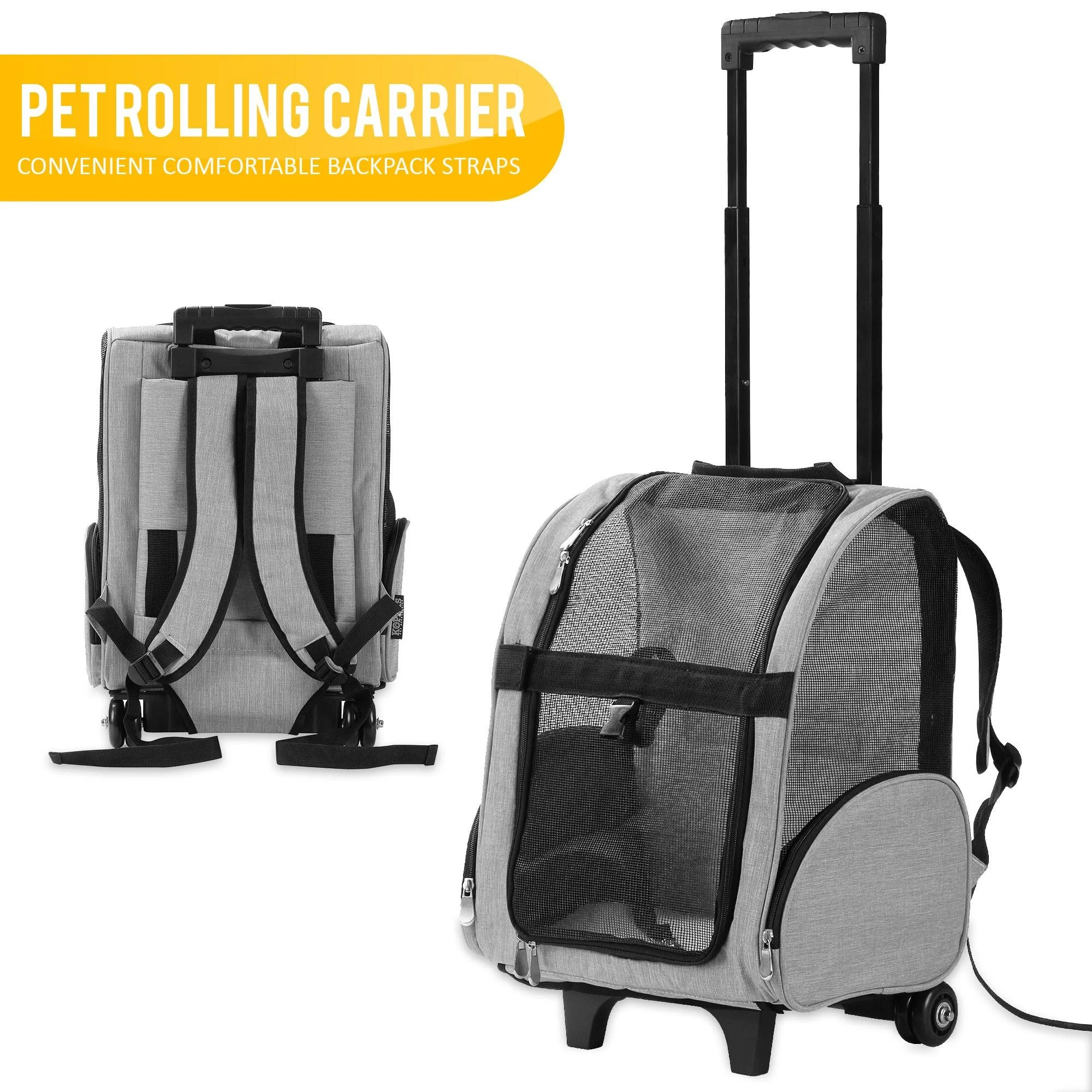 Kopeks Pet Dog Travel Carrier Backpack Deluxe with Wheels Approved by Most Airlines - Heather Grey