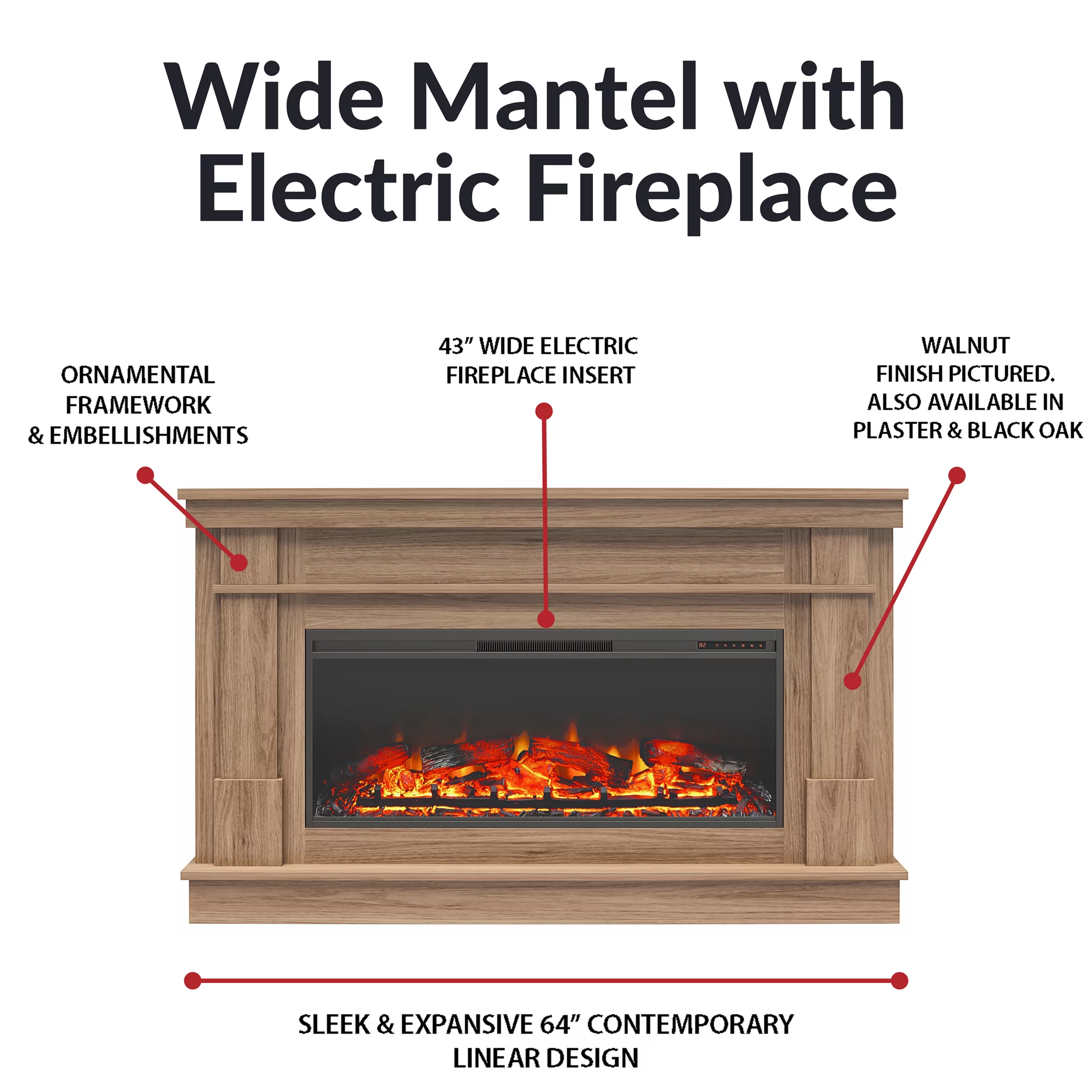 Elmcroft Wide Mantel with Linear Electric Fireplace, Charred Oak