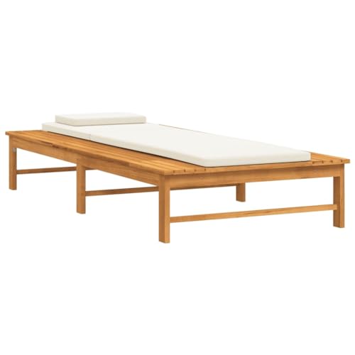 Sun Lounger with Cream White Cushion and Pillow Solid Wood Acacia,Acacia Wood Sun Lounger with Adjustable Backrest for Patio and Garden Relaxation