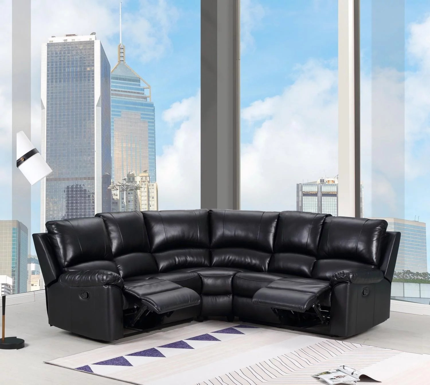 Black Leather Air Power Reclining Sectional Contemporary Global United 9241