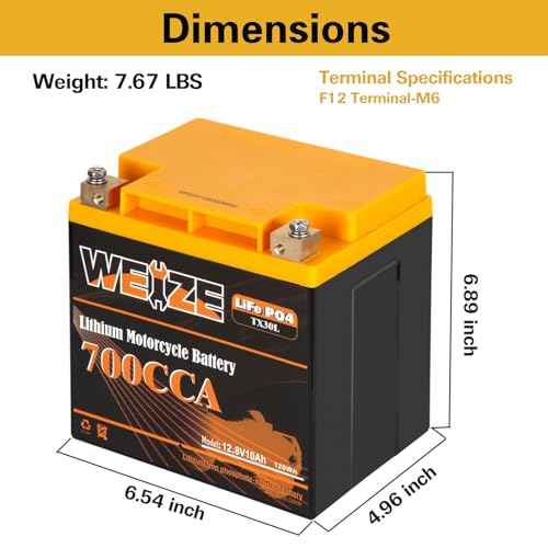 Weize Lithium YTX30L-BS, 700A Lithium LiFePO4 YTX30L Motorcycle Battery, 12V 10AH ATV, UTV, Jet Ski, Scooter, Lawn Mower, Tractor, Generator Battery