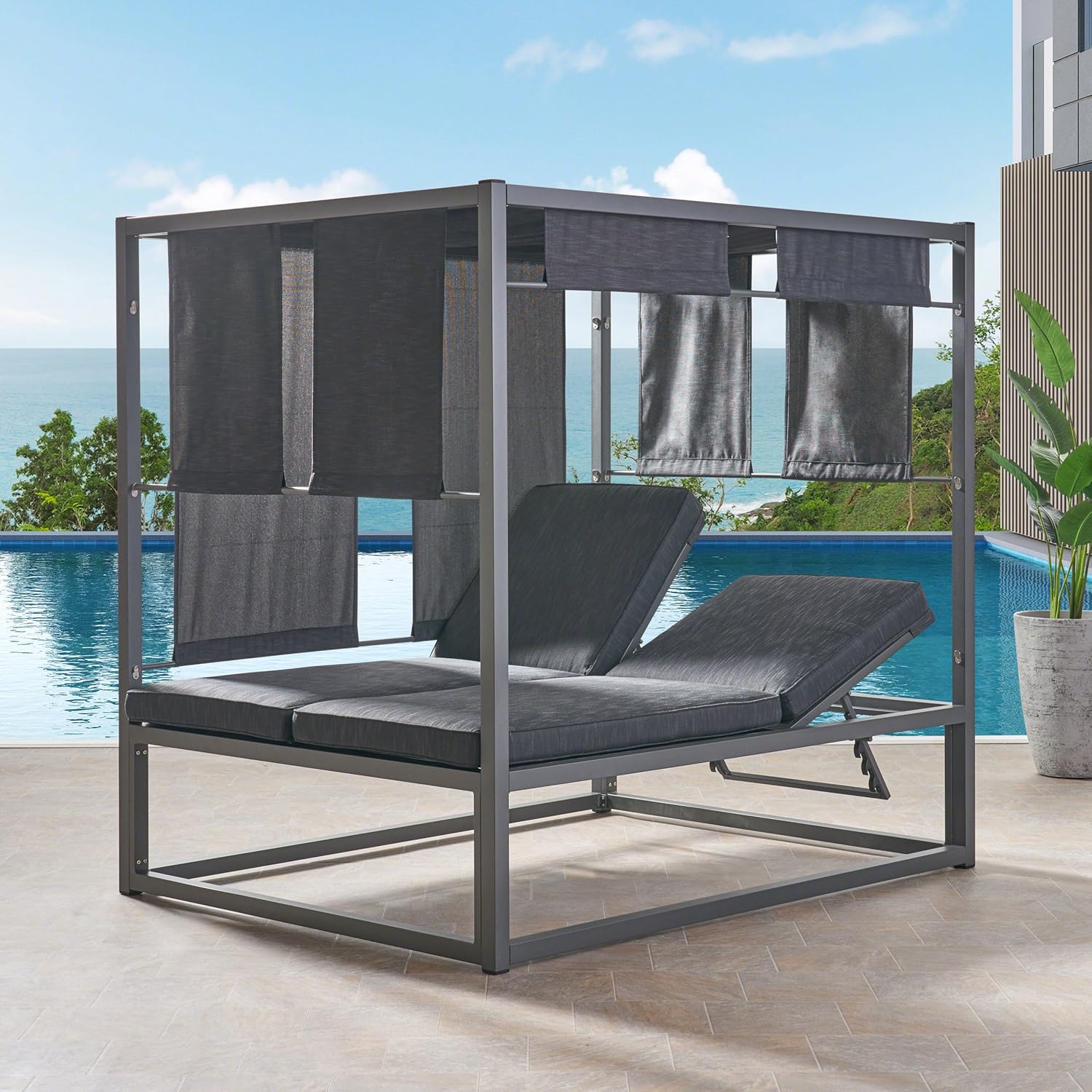 Christopher Knight Home 304847 Amos Outdoor Aluminum Daybed with Canopy, Dark Grey Fabric/Grey Frame