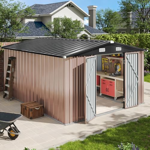 Aoxun 12x10 FT Shed Metal Outdoor Waterproof Storage Shed Steel Utility Garden Tool Shed with Door & Lock Outdoor Storage for Garden Patio Lawn