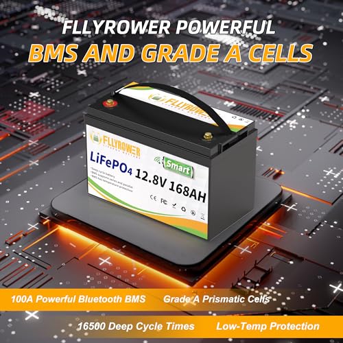 FLLYROWER 12V Lithium Battery 100AH With BMS and 16500 Deep Cycles 12V 100AH Lifepo4 Battery Grade A Cells for Marine Trolling Motor RV camping Solar
