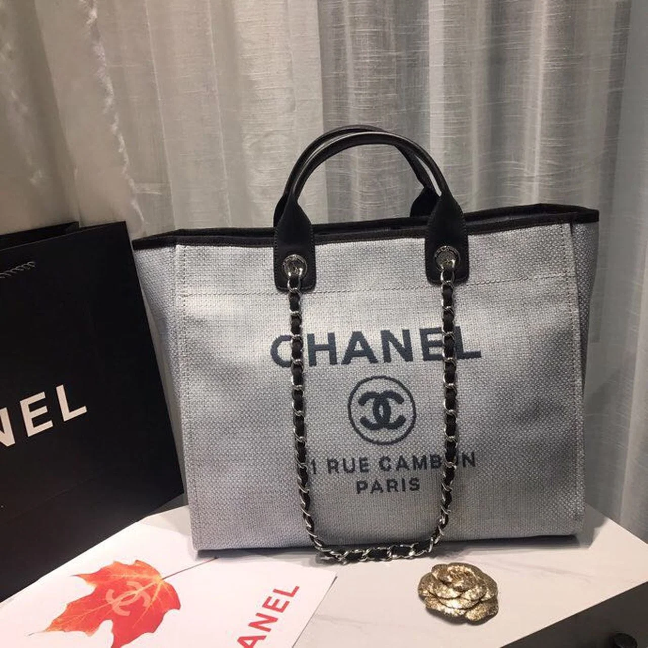 Chanel Deauville Tote Canvas Bag Light Grey For Women, Women&rsquo;s Handbags, Shoulder Bags 15in/38cm A66941