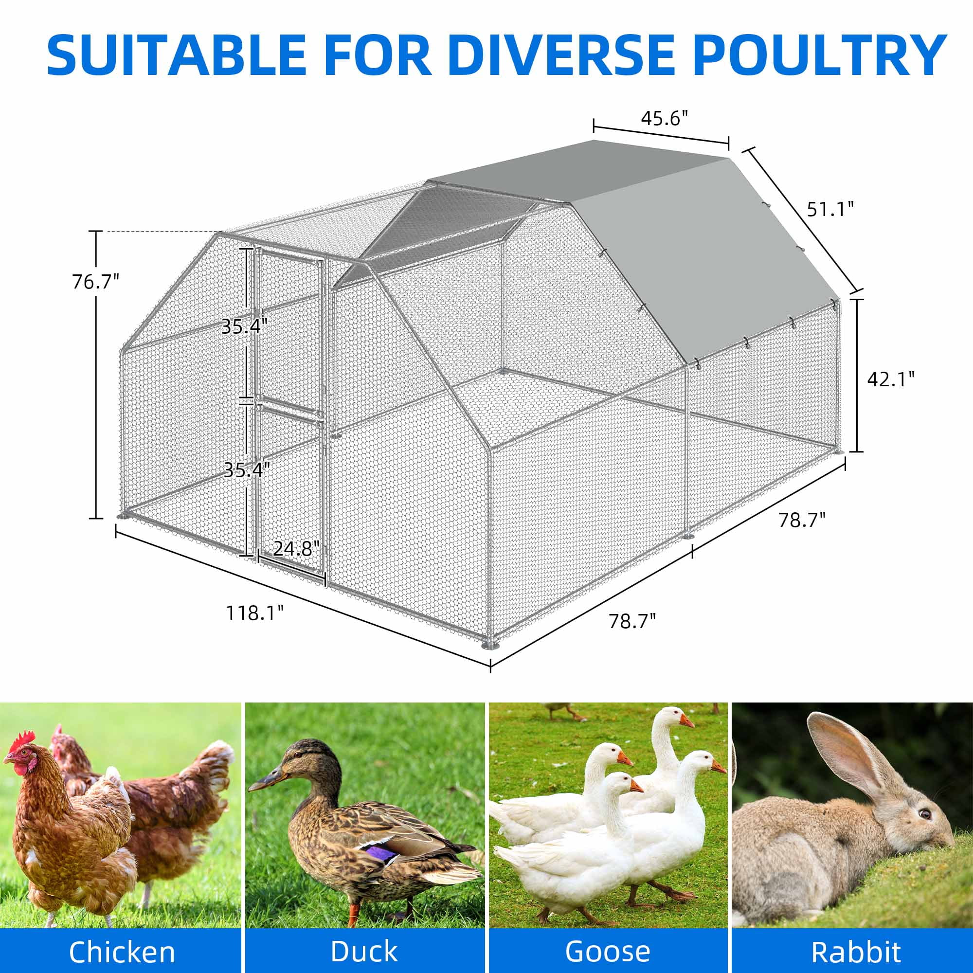 Dextrus Chicken Run Coop 13.1 x 9.8 x 6.4 ft Large Metal Chicken Coop Spire Shaped, Walk-in Hen Cage