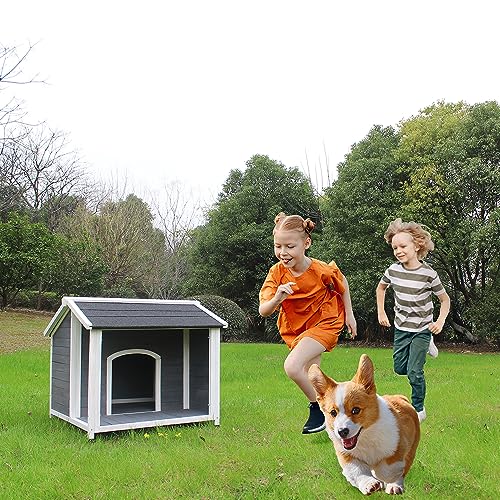 Outdoor Wooden Dog House,Waterproof Kennel with Deck and Sloped Roof,High Stability Pet Dog Cage for Small/Medium Puppy