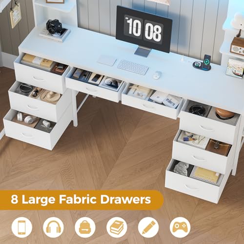 ADORNEVE Full Size Loft Bed with Desk and 8 Storage Drawers, Metal Loft Beds Full with LED Lights & Charging Sation