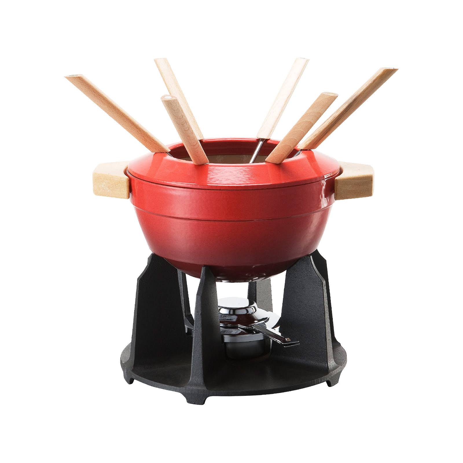 Le Creuset Cast Iron Fondue Set with Wooden Handle Cerise