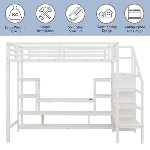 Queen Loft Bed with L-Shaped Desk and Stairs,Metal Queen Size LoftBed with Wardrobe and Adjustable Shelf, Gaming Bed with LED and USB