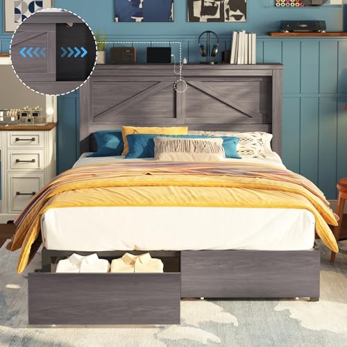 AMERLIFE 47.2" H King Bed Frame with Hidden Space Bookcase Headboard and Charging Station, Beds with 2 Storage Drawers and Wood Slats