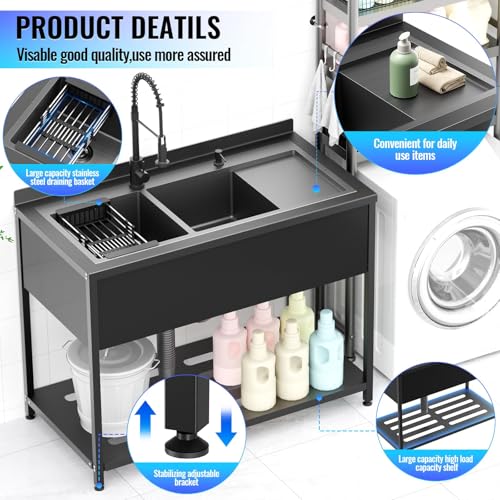 Stainless Steel Utility Sink, 30.8" × 22" × 39.5"Freestanding Sink with Cold and Hot Water Faucet,Hoses and Drain Kit for Kitchens, Bathrooms, Garage