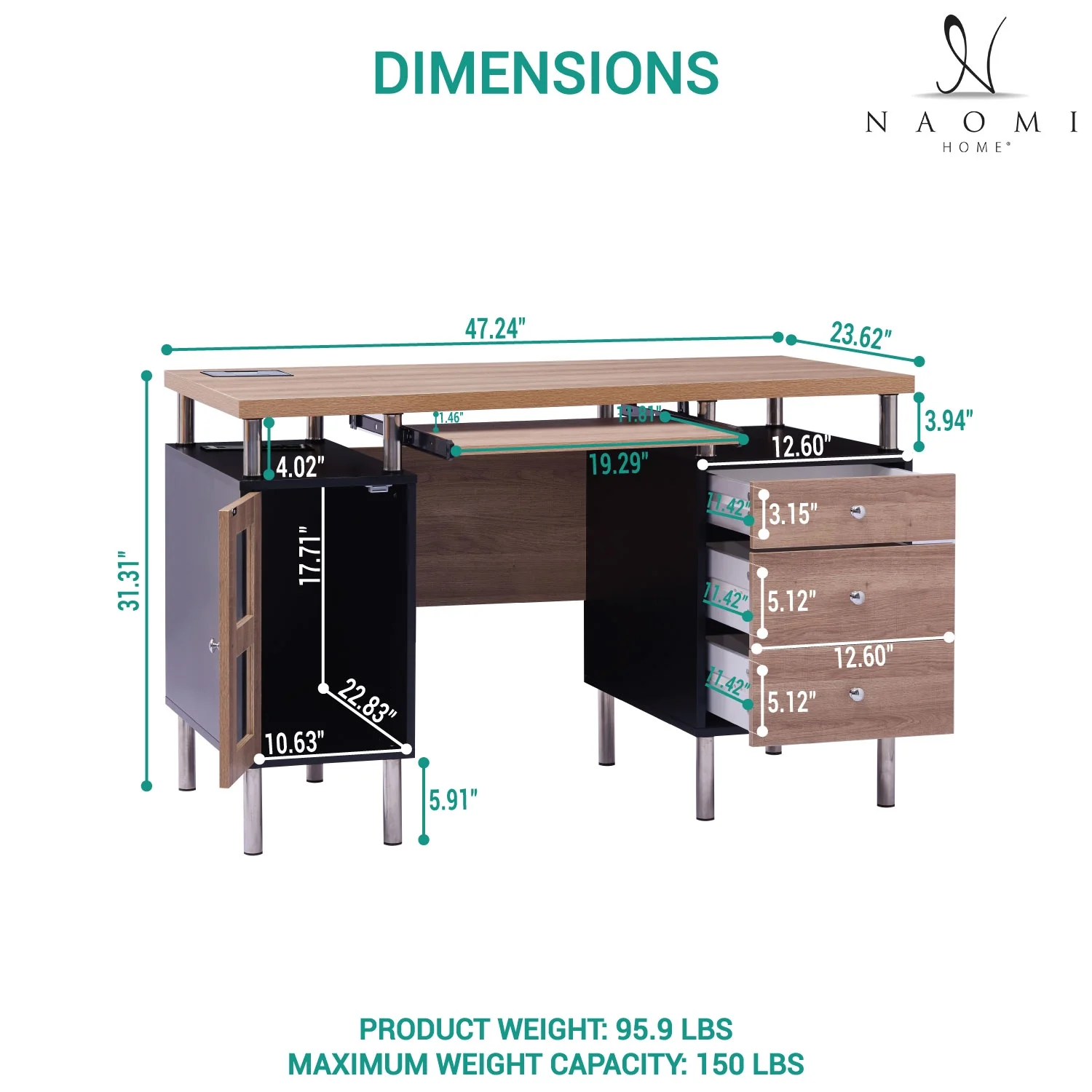 Home Imports Emporium Elsy 4-Drawer Two-Tone Small Desk with Storage, Power Outlets, USB Ports Charging Station, Wooden Computer Table Desk Black/
