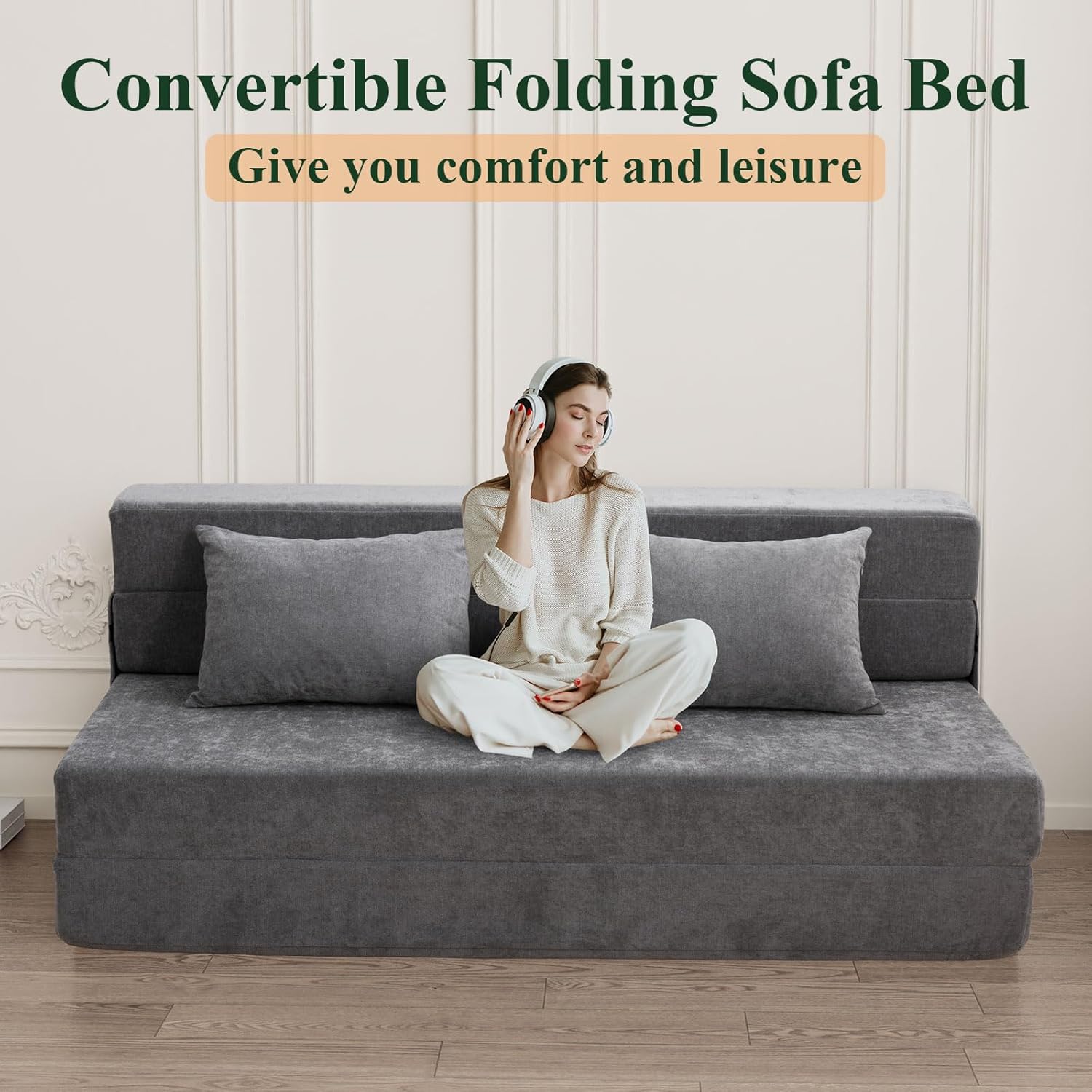 HOMFINE Folding Sofa Bed - Convertible Sleeper Chair with Pillow, Fold Out Couch, Memory Foam Floor Mattress, Futon Couch