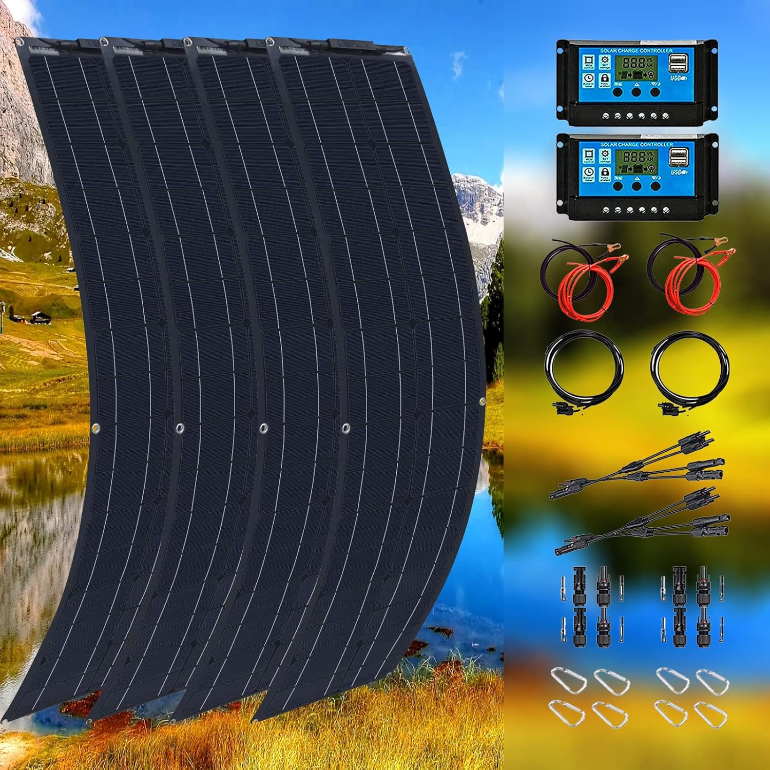 LAW Solar Panel 4×200W 12V/24V Monocrystalline Flexible 800W System Kit Solar Battery Charger with PV Connector with 40A Controller for RV Boat Cabin