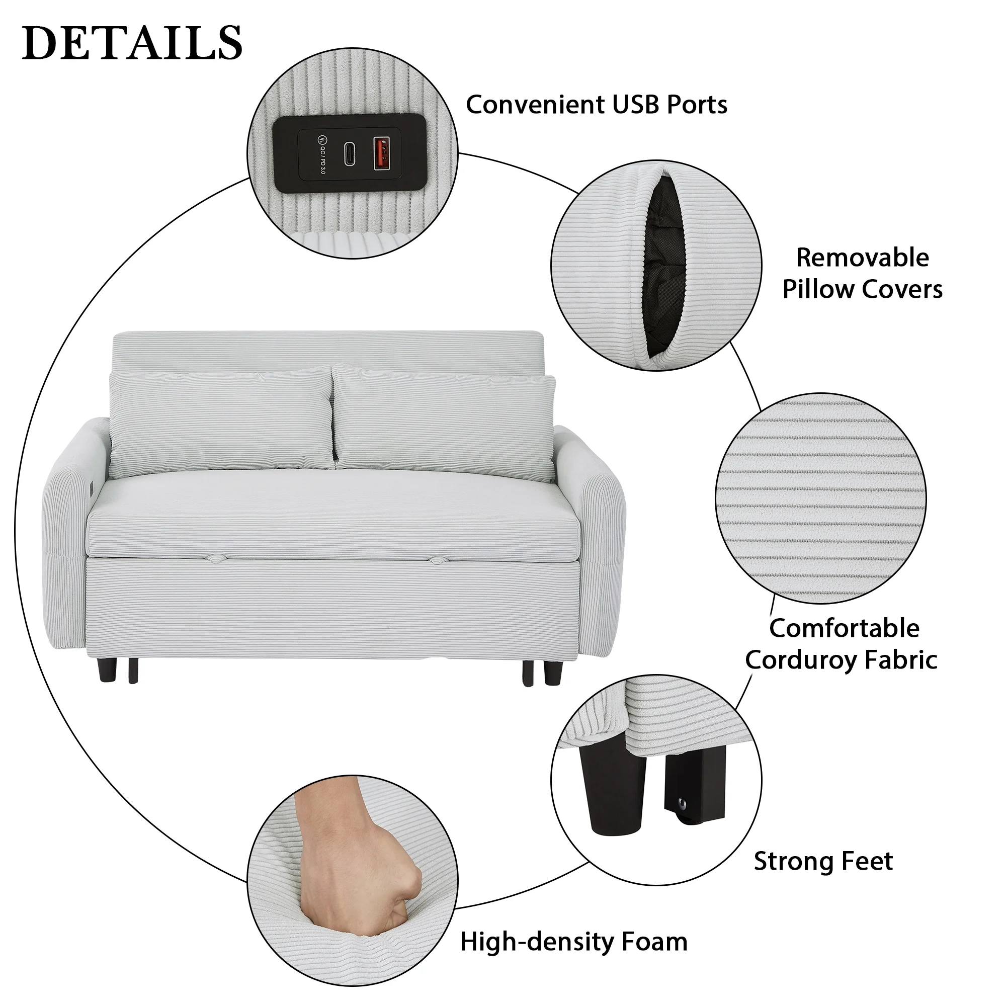 EUROCO 57.48" 3-in-1 Pull-out Convertible Sofa Bed Foldable Sleeper Corduroy Sofa Fabric Loveseat with 2 Throw Pillows