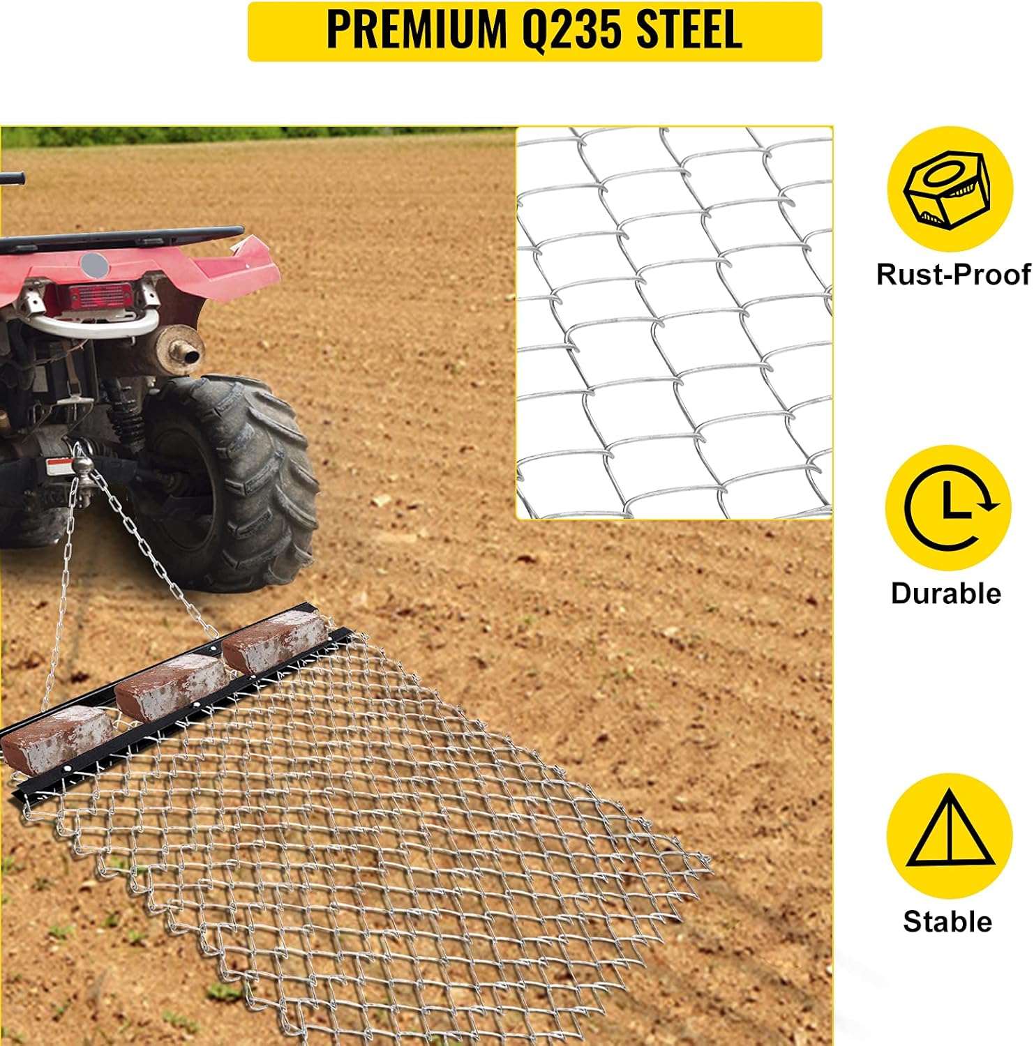 VEVOR Drag Harrow, 4' x 5' ATV Chain Harrow, UTV Tractor Attachments Field Drag Mat for Landscape Leveling or Sod Prepping