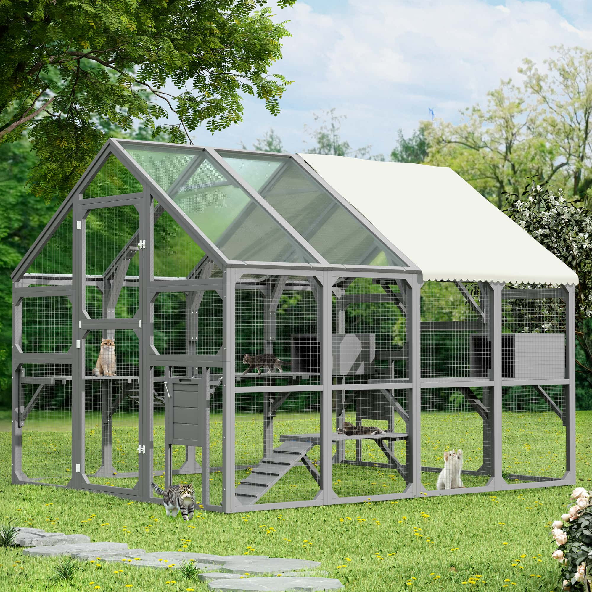Montary Catio Outdoor Cat Enclosure with Window Access, 4-Tier Cat House with Wheels, Waterproof Roof &amp; Resting Box, Large Gray Cage