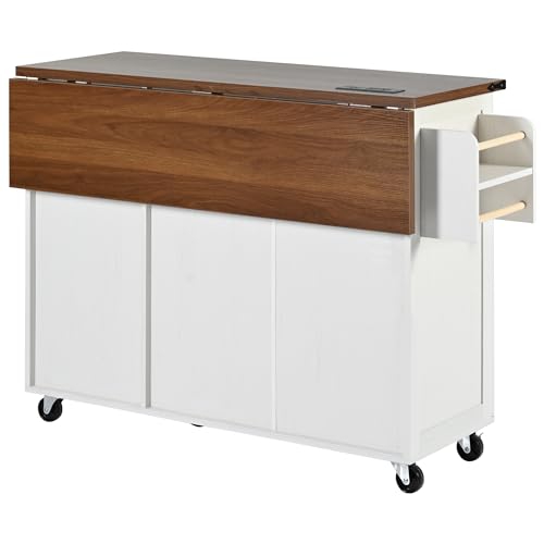 Farmhouse Kitchen Island with Power Outlet, Drop Leaf, Spice Rack and Drawer,Rolling Kitchen Cart on Wheels