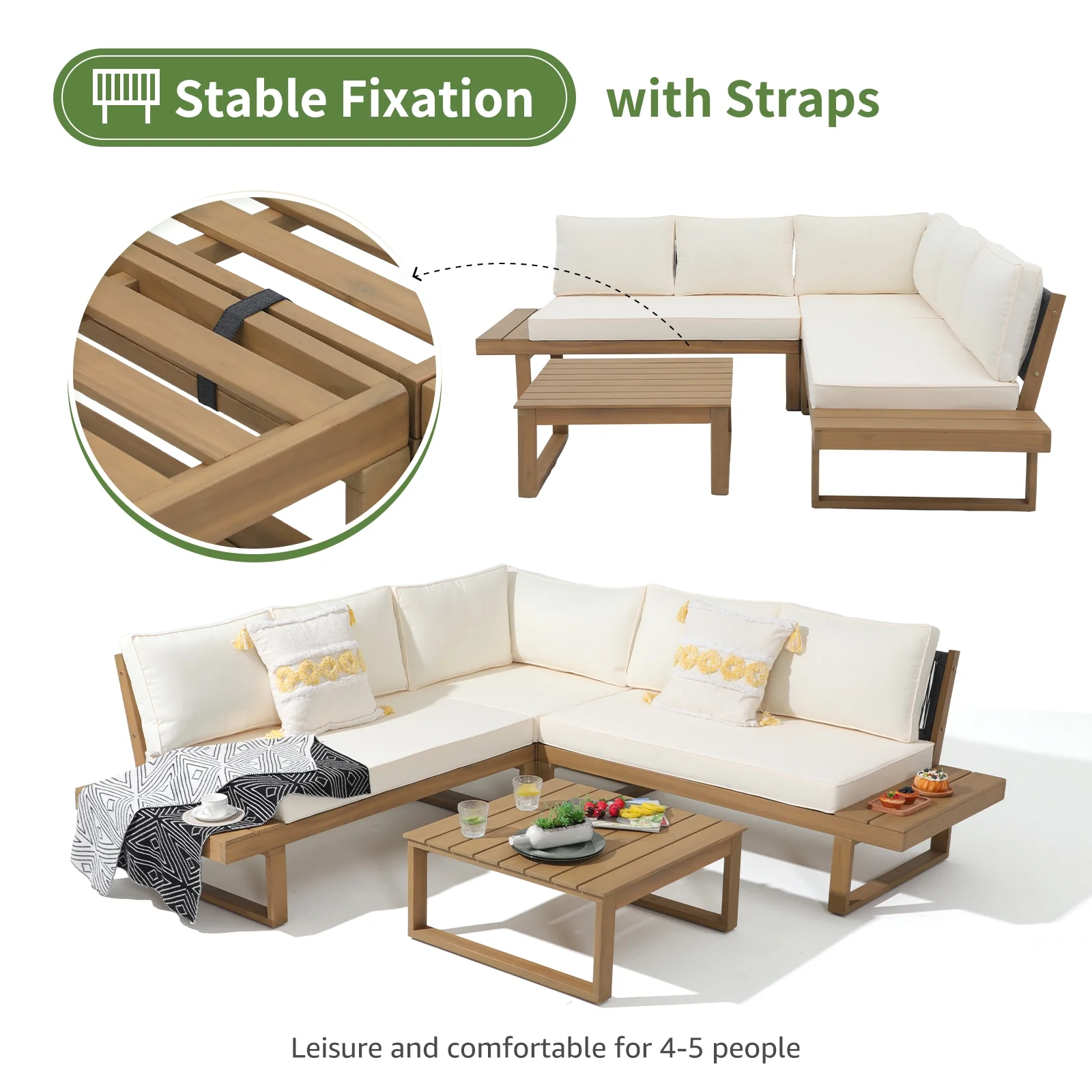 OC Orange-Casual Outdoor 4-Piece Acacia Wood Furniture Set, All-Weather Patio Sectional Sofa Set, Rope Lounge Couch with Wood Table