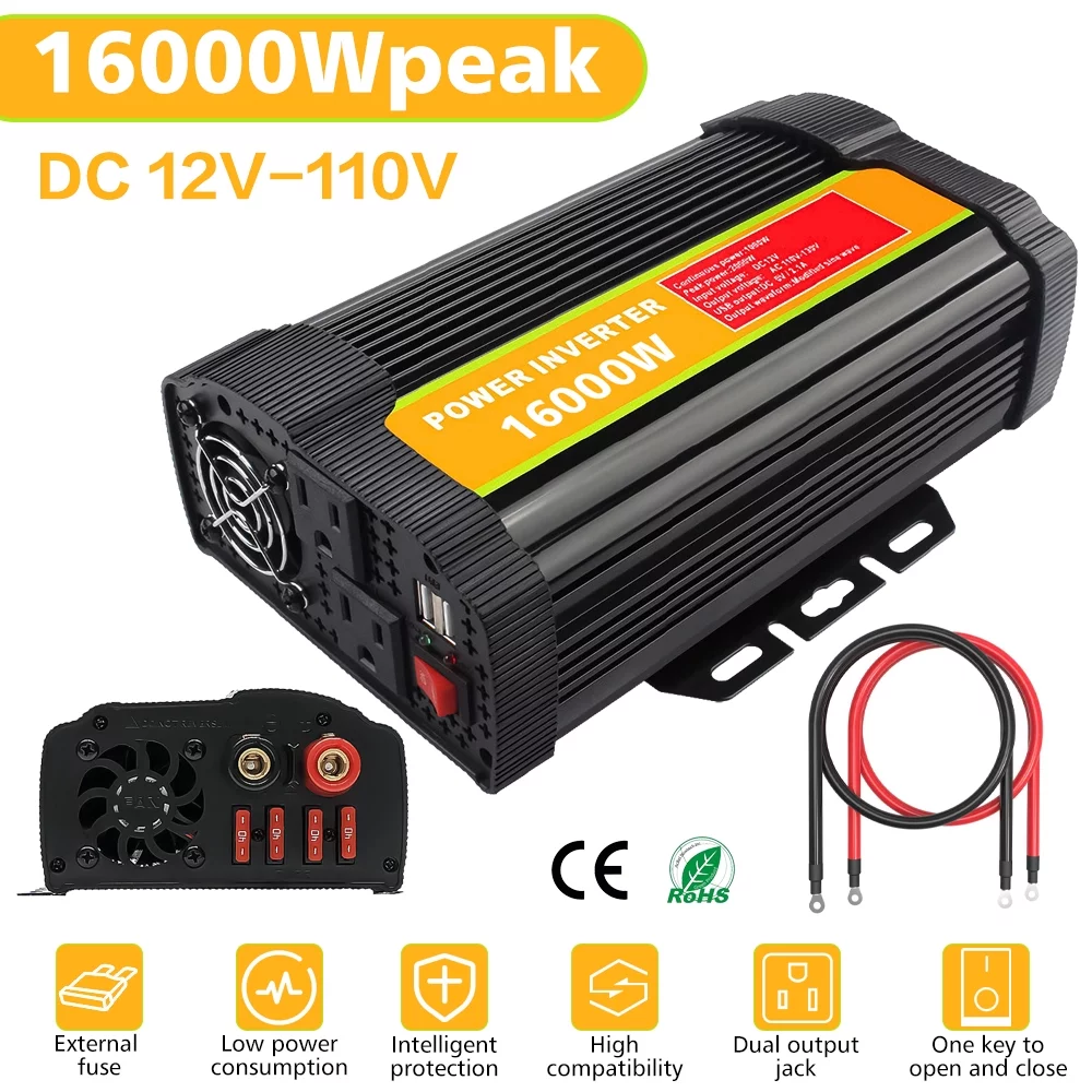 Modified Sine Inverter High Frequency 16000W Peak Power Watt Power Inverter DC to AC Converter Car Power Inverter with 2.1A Dual USB Port