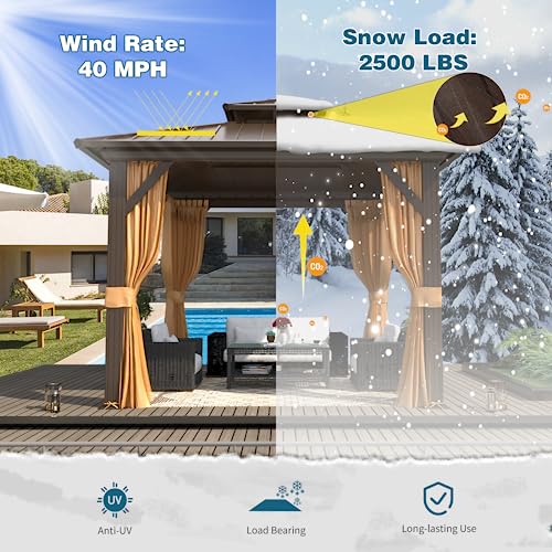 MELLCOM 10'x13' Hardtop Gazebo with Polycarbonate Double Roof, Aluminum Frame Outdoor Gazebo Permanent Pavilion with Curtains and Netting for Patio