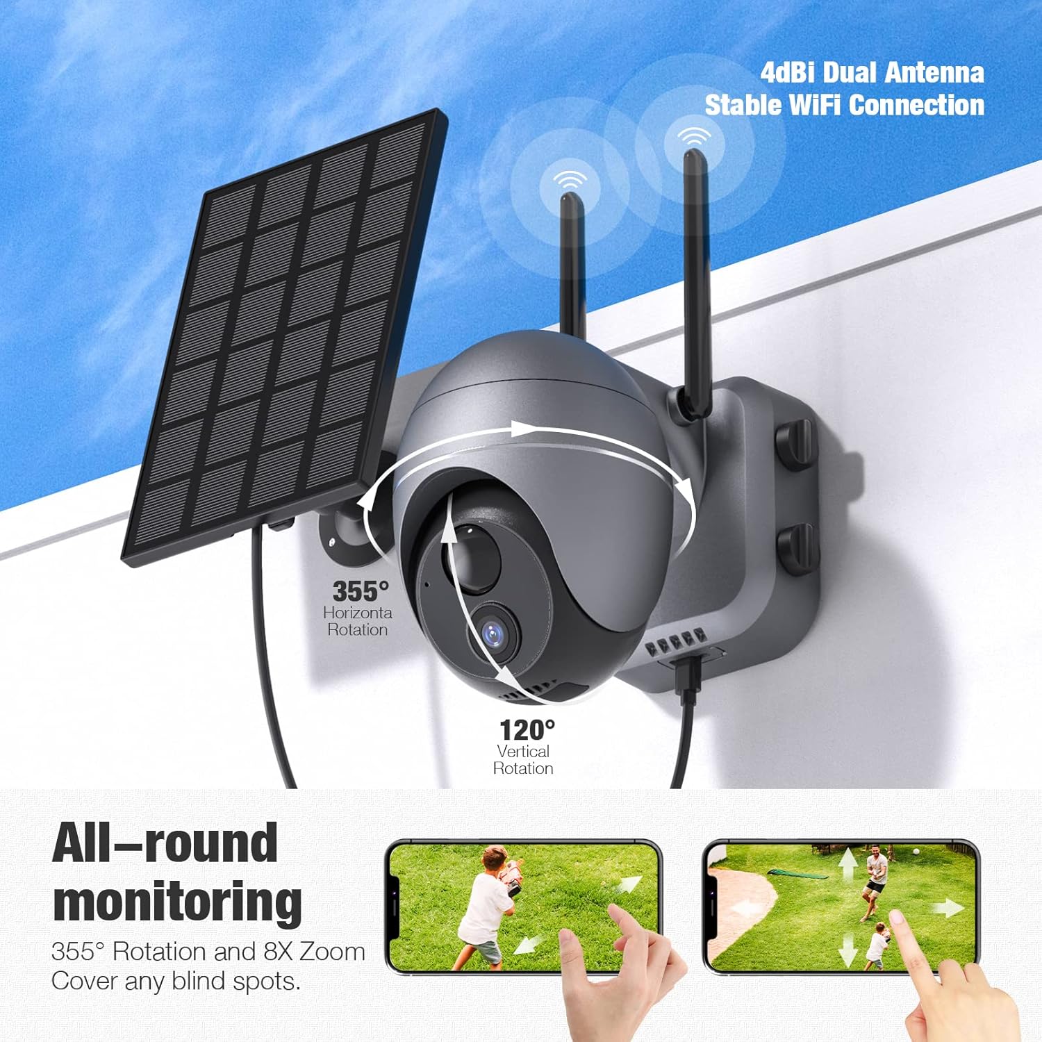 Wireless Security Camera Outdoor, 1080P Solar Powered WiFi Cameras, Rechargeable Solar Outdoor Camera with PIR Motion Detection, 2-Way Audio