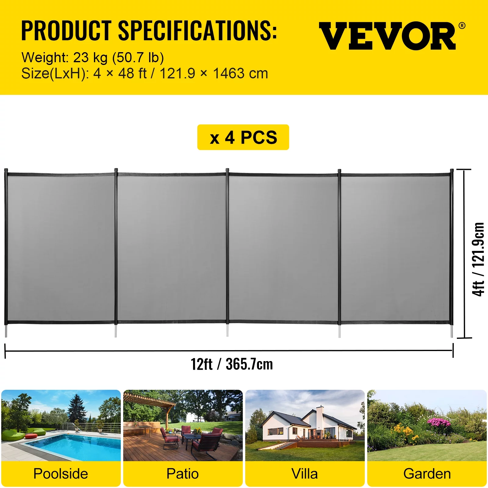 VEVORbrand Pool Fence Mesh, 4 x 48 ft Black Removable Pool Fence for Inground Pools, 1000D PVC Mesh Fabric w/Section Kit