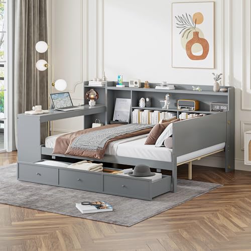 Bellemave Twin Corner Bed Frame with Storage Shelves and Desk, Wood Twin Size Daybed with Bookcase and Drawers and Storage, Gray