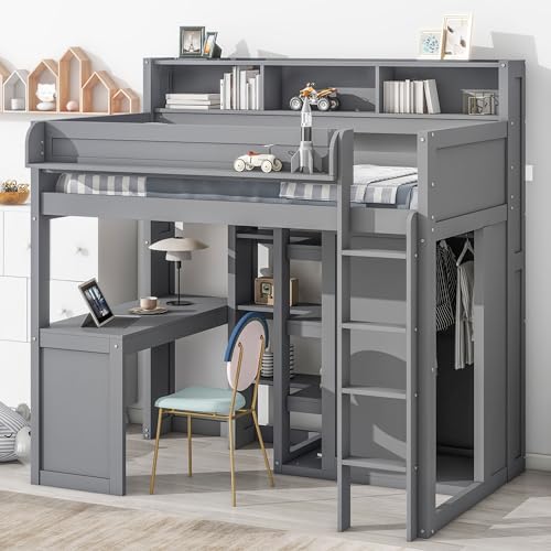 Harper & Bright Designs Twin Size Loft Bed with Wardrobe, Desk and Multiple Storage Shelves, Solid Wood Loft Bed Frame with Bookshelf
